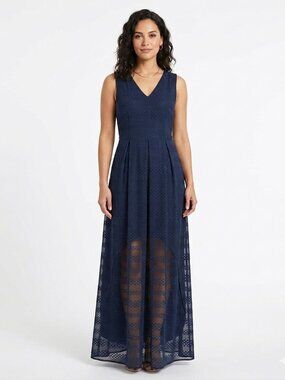 MICHAEL MICHAEL KORS NAVY DOTS APPLIQUE V-NECK SLEEVELESS MAXI DRESS - 2